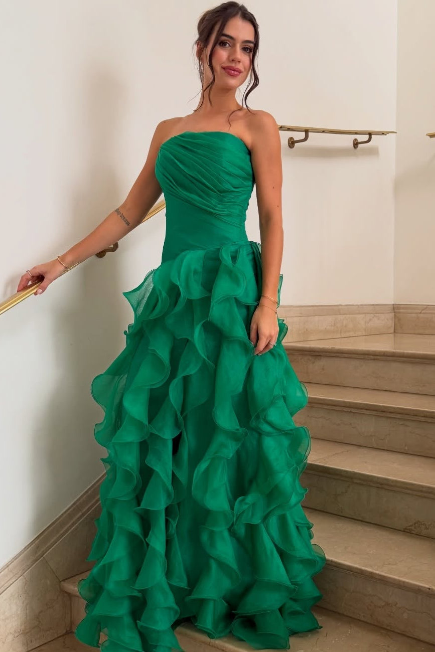Strapless Organza Ruffled Gown with High Slit