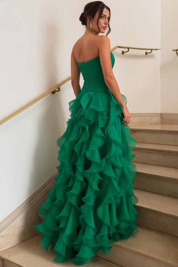 Strapless Organza Ruffled Gown with High Slit