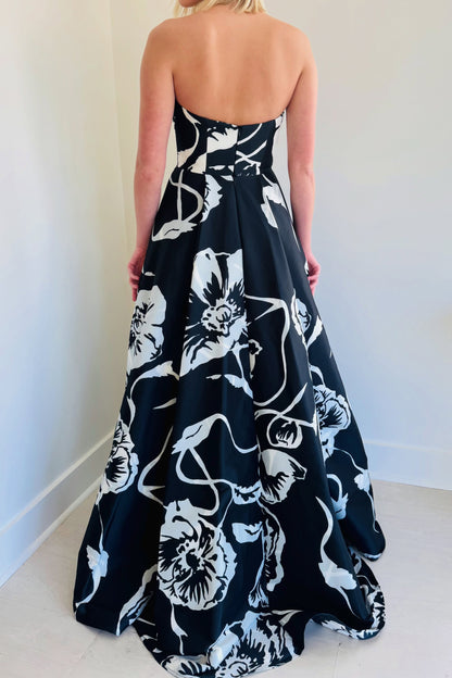 Strapless Floral Print Gown with Beaded Neckline