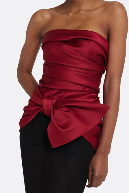 Strapless Pleated Evening Gown with Bow Accent