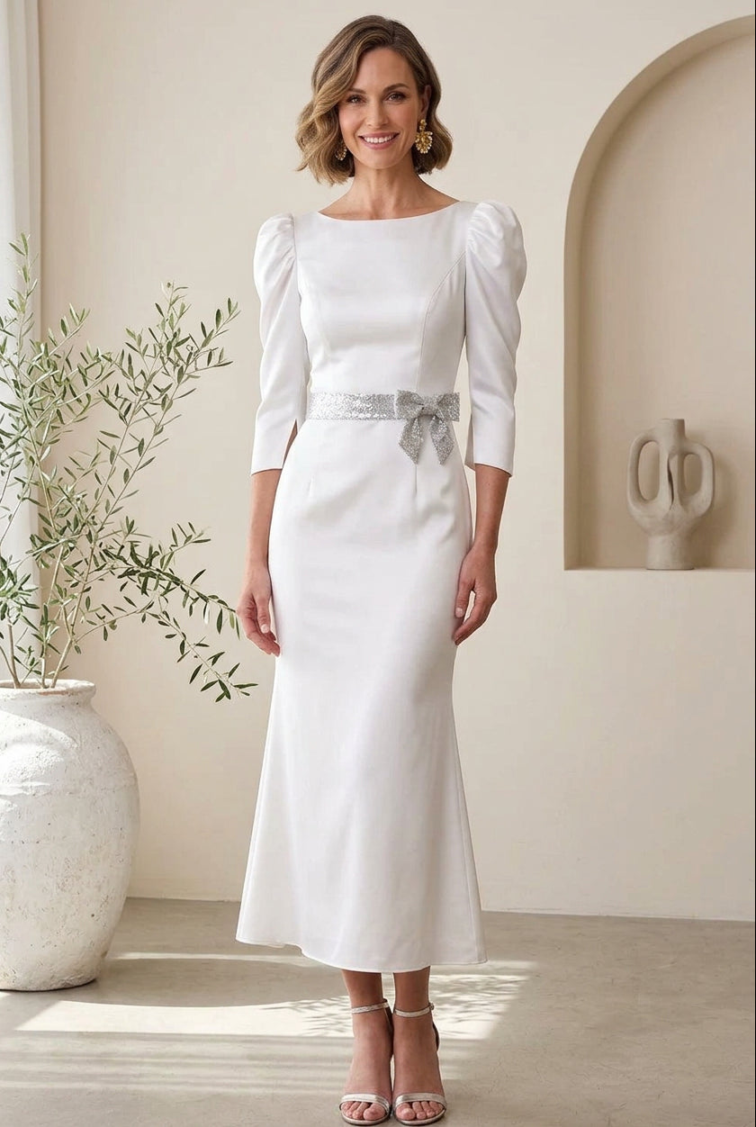 Puff-Sleeve Midi Dress with Embellished Bow Belt