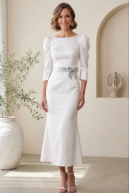 Puff-Sleeve Midi Dress with Embellished Bow Belt