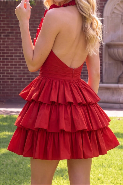 Ruffled Halter Plunge Tiered Mini Dress