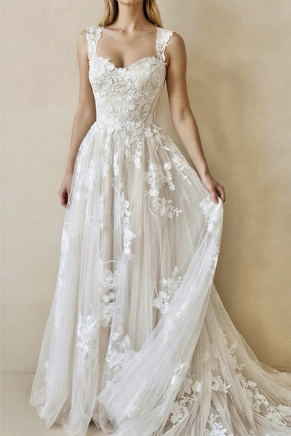 Floral Lace Applique Tulle A-Line Wedding Dress