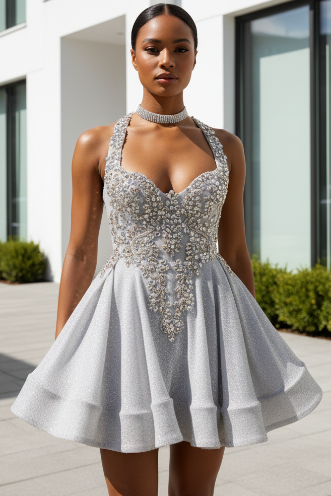 Glitter Halter Neck Beaded Homecoming Dress