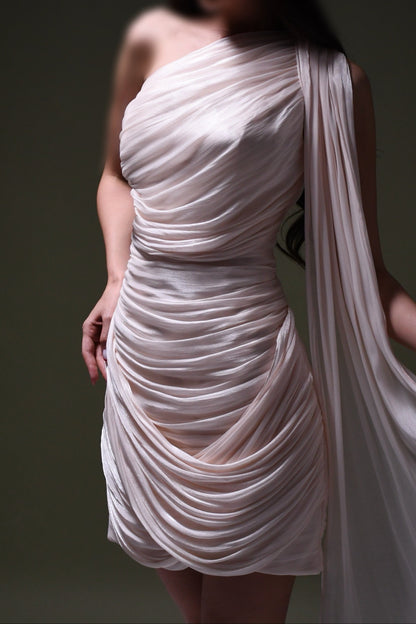 One-Shoulder Mini Dress with Flowing Cape Drape