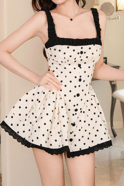 Polka Dot Mini Dress with Square Neck & Lace Hem