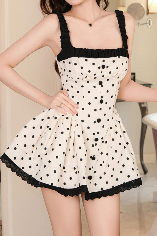 Polka Dot Mini Dress with Square Neck & Lace Hem