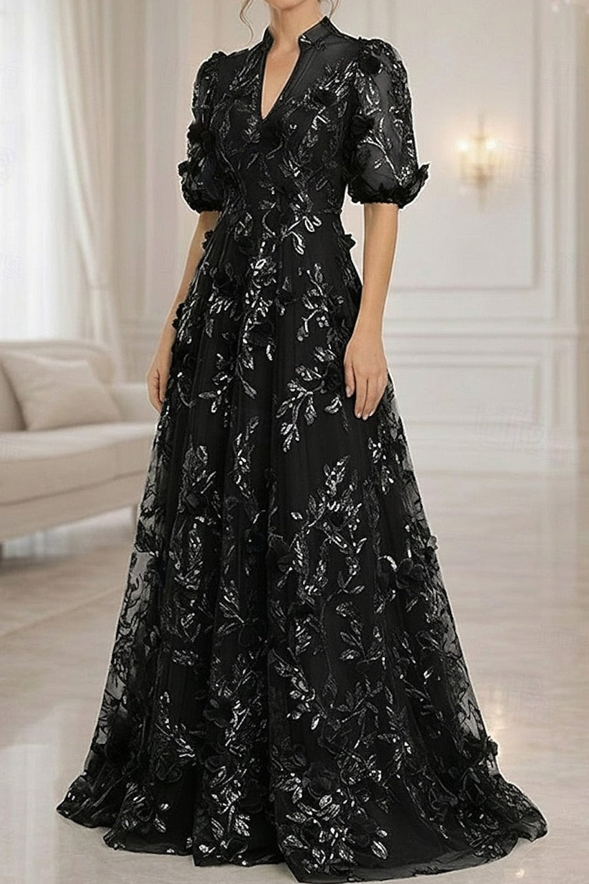 3D Floral Applique A-Line Gown with Puff Sleeves