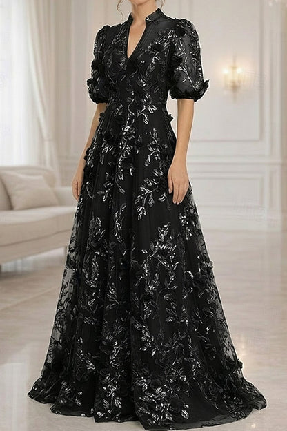 3D Floral Applique A-Line Gown with Puff Sleeves