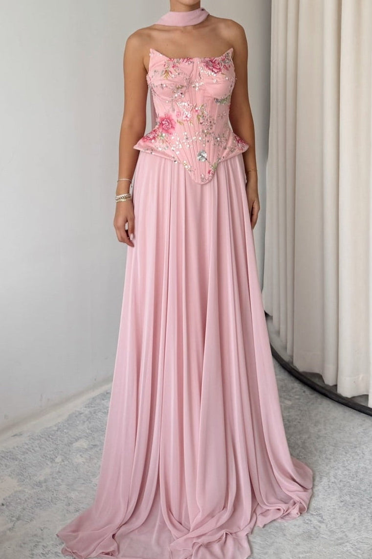 Embroidered Corset Gown with Scarf