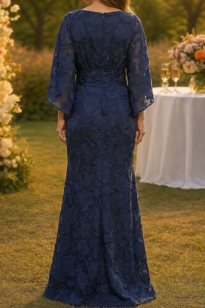 Floral Lace Sheath Gown with Bell Sleeves & V-Back