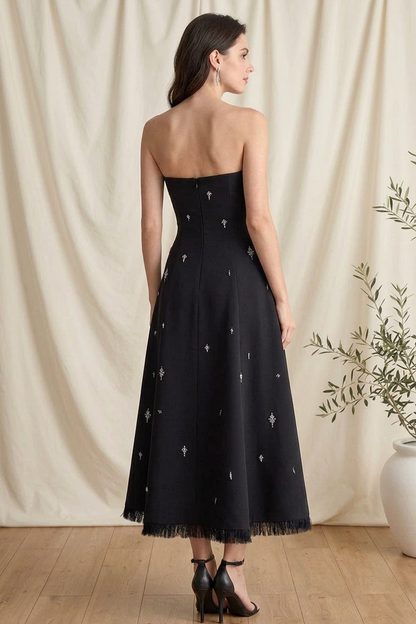 Strapless Embellished Midi Dress with Fringe
