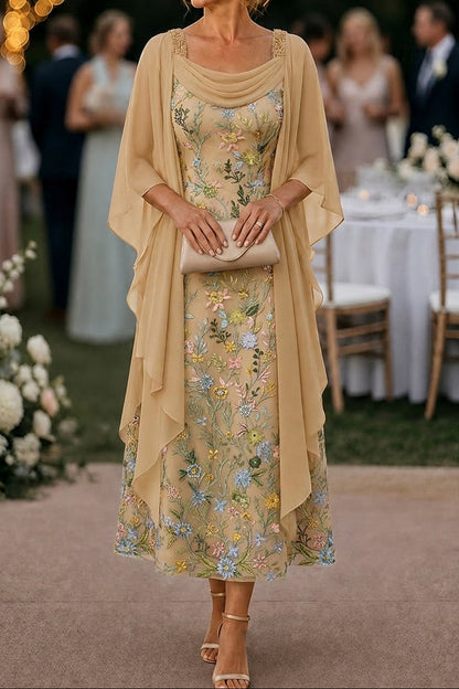 Embroidered Floral Midi Dress with Chiffon Cape