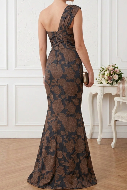 One-Shoulder Floral Pattern Evening Gown
