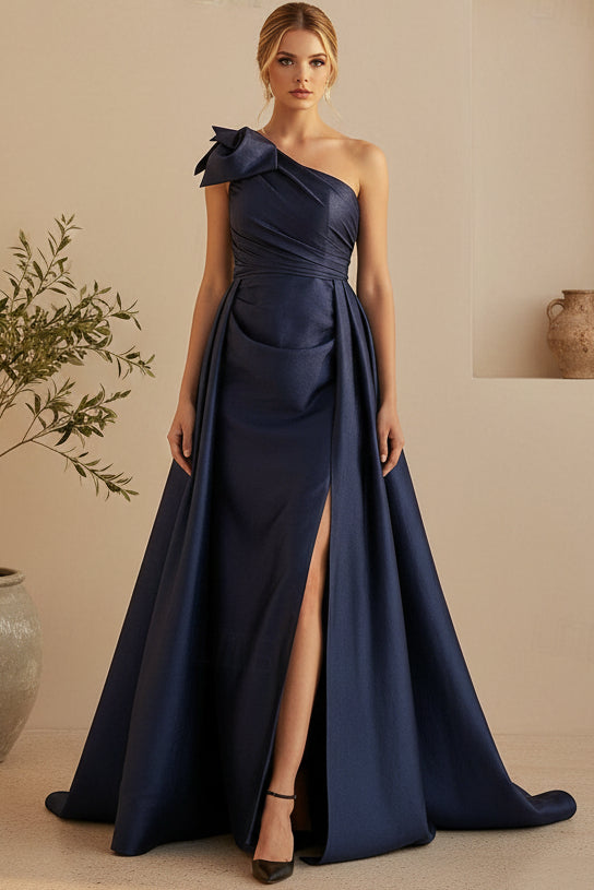 One-Shoulder Satin Evening Gown with Slit