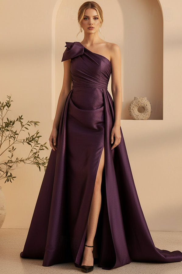 One-Shoulder Satin Evening Gown with Slit