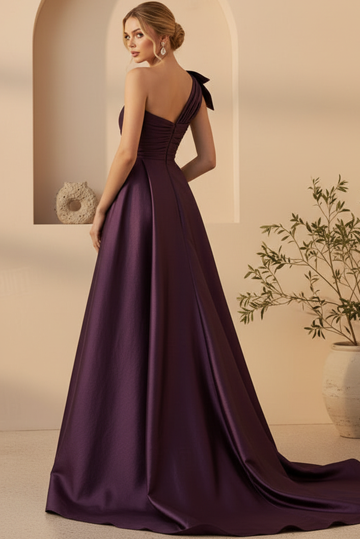 One-Shoulder Satin Evening Gown with Slit