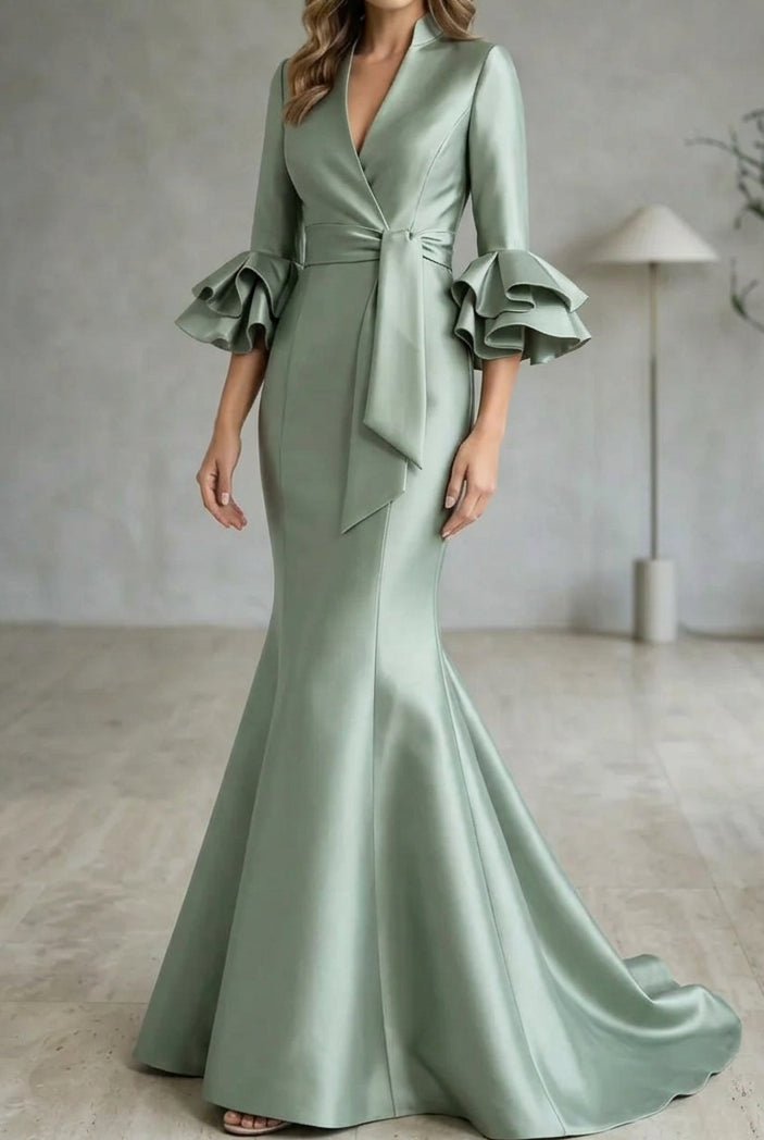 Mermaid Satin Gown with Ruffle Bell Sleeves