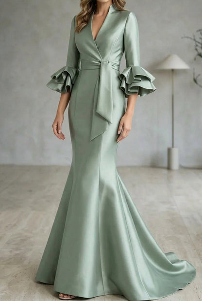 Mermaid Satin Gown with Ruffle Bell Sleeves