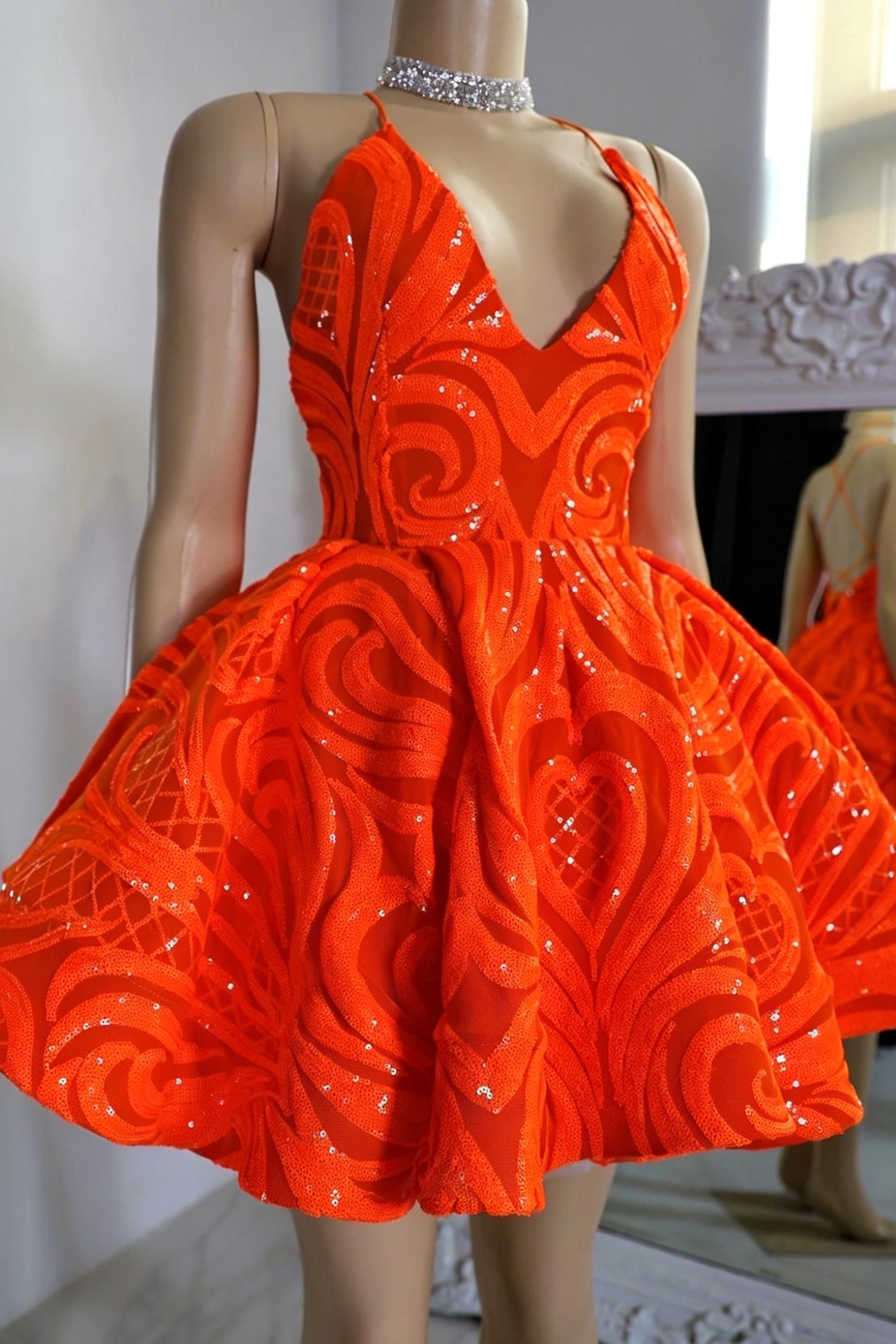 Sequined Halter Open Back Flared Mini Dress