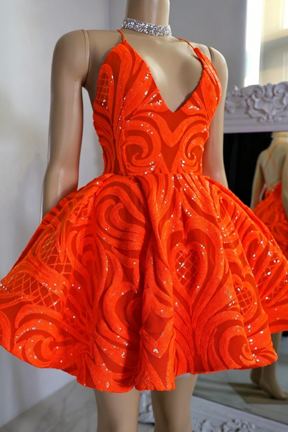 Sequined Halter Open Back Flared Mini Dress
