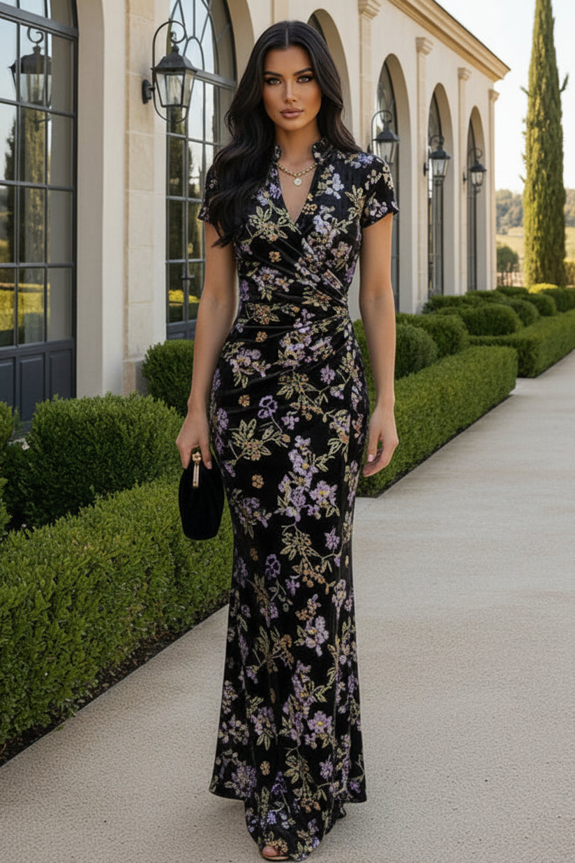 Floral Velvet Ruched Maxi Dress with High Collar