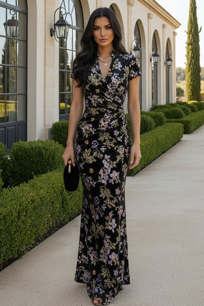 Floral Velvet Ruched Maxi Dress with High Collar