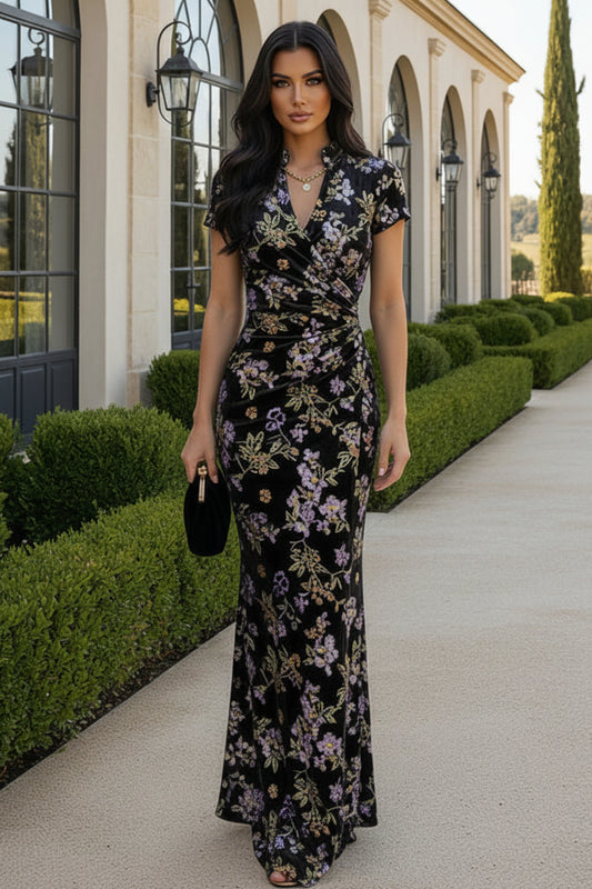 Floral Velvet Ruched Maxi Dress with High Collar