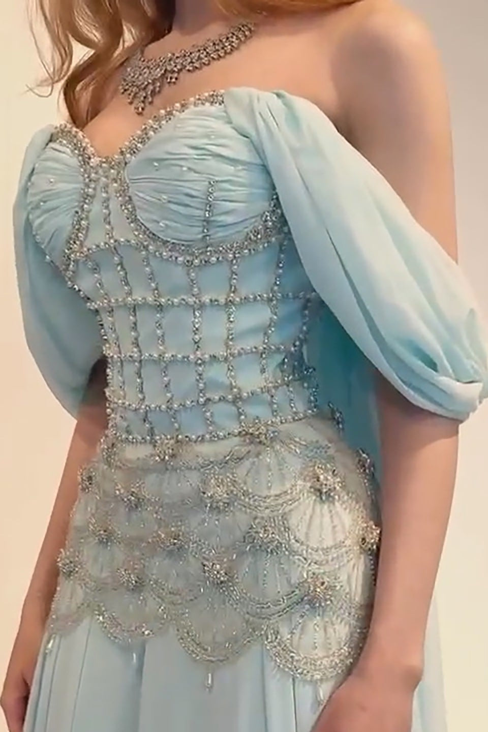 Pearl Beaded Corset Chiffon A-Line Prom Dress