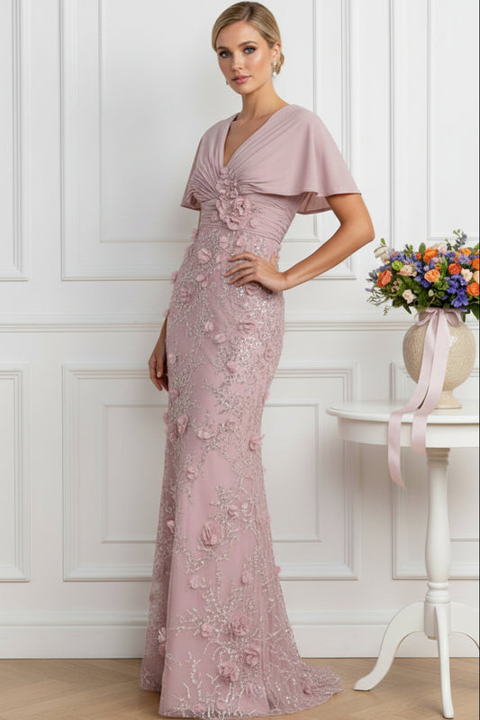 V-Neck Cape Sleeve Evening Gown with 3D Florals