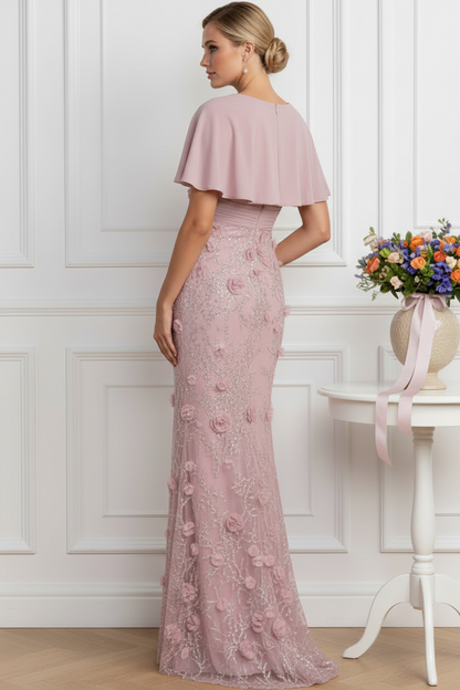 V-Neck Cape Sleeve Evening Gown with 3D Florals
