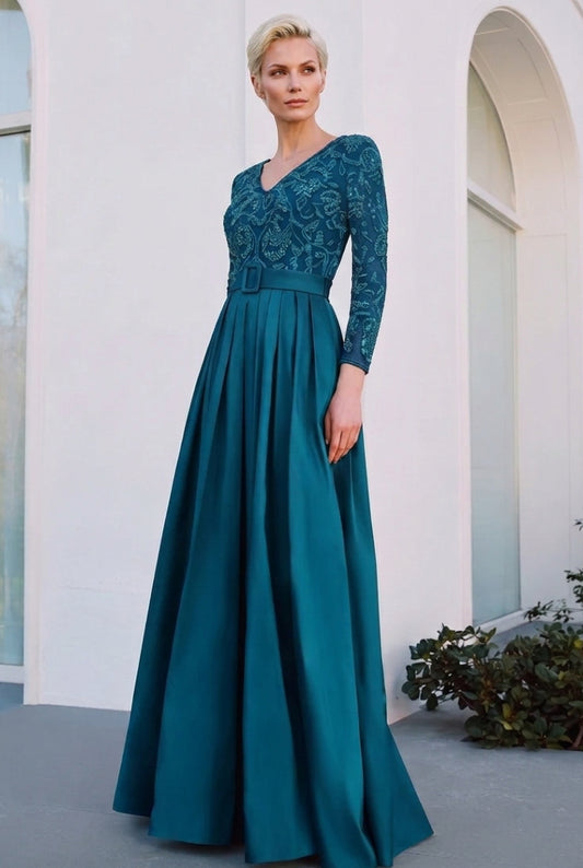 Embroidered Bodice Pleated Evening Gown