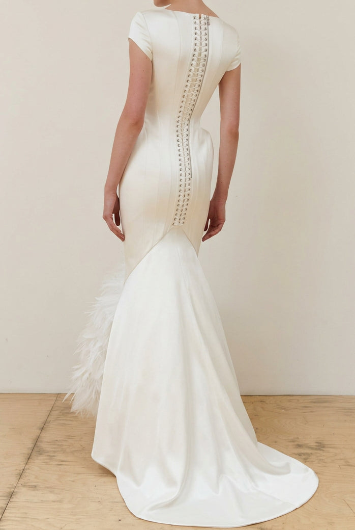 Feather Hem Corset Wedding Dress with Train