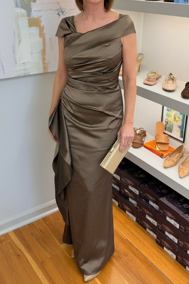 Off-the-Shoulder Satin Gown with Side Draped Ruffle