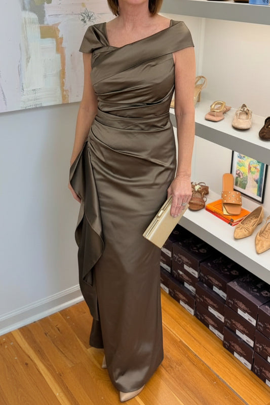 Off-the-Shoulder Satin Gown with Side Draped Ruffle