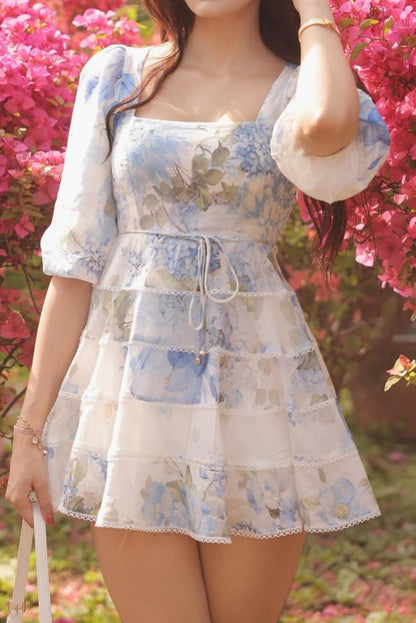 Tiered Floral Puff Sleeve Mini Dress