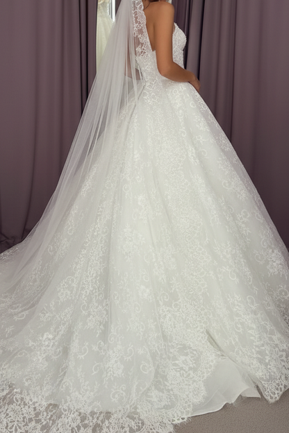 Corset Ball Gown Wedding Dress with Floral Lace Appliques
