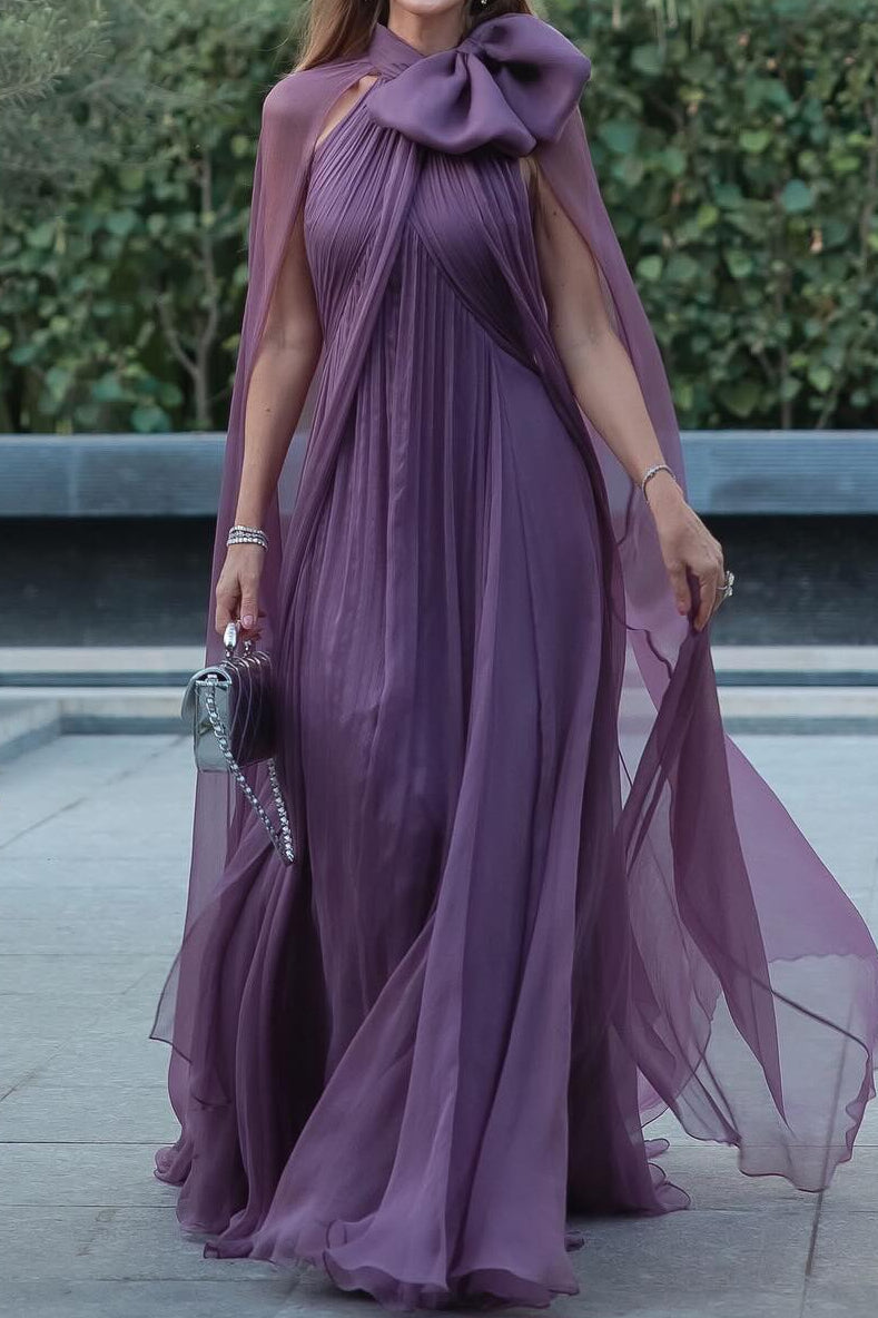 Pleated Cape Evening Gown with Bow Neckline