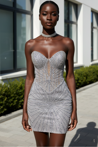 Strapless Crystal Beaded Corset Mini Dress