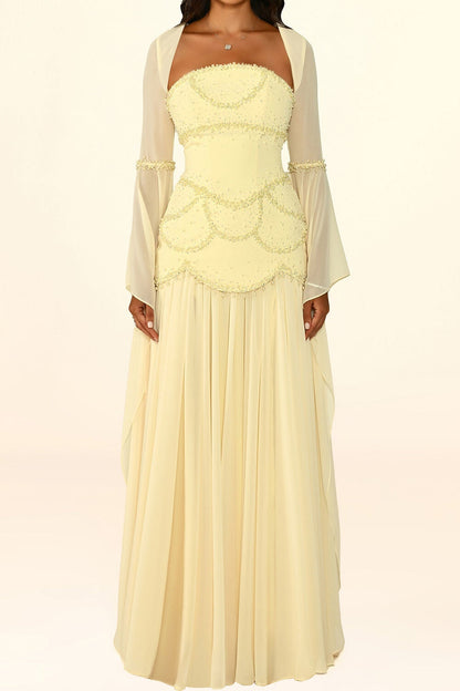 Beaded Drop-Waist Gown with Draped Sleeves
