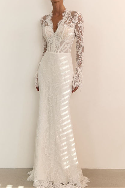 Lace Long Sleeve Wedding Dress with Bow Overskirt