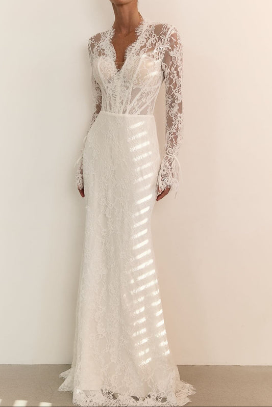 Lace Long Sleeve Wedding Dress with Bow Overskirt