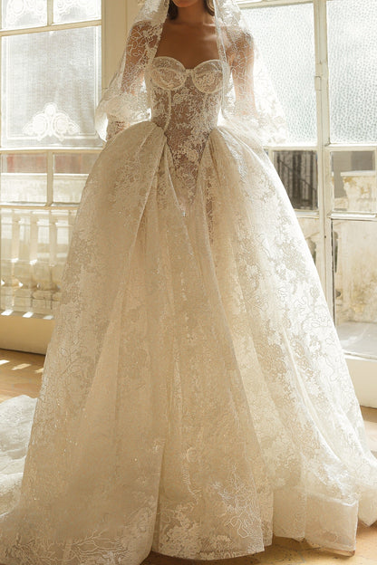 Strapless Sweetheart Lace Corset Ball Gown Wedding Dress