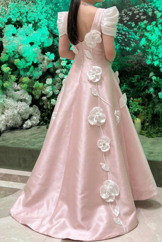 3D Floral Satin A-Line Evening Gown