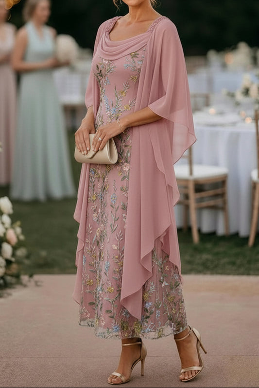 Embroidered Floral Midi Dress with Chiffon Cape