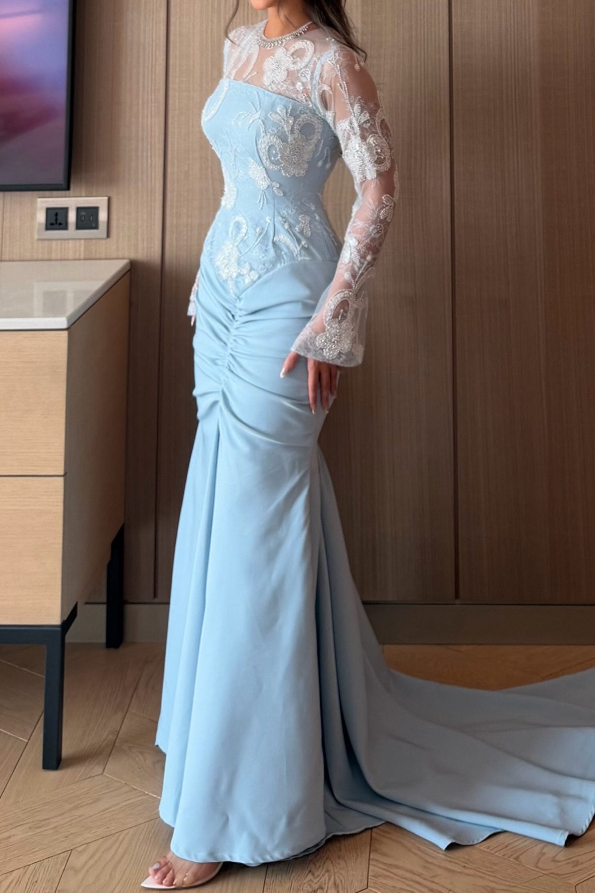 Embroidered Illusion Long Sleeve Gown with Train