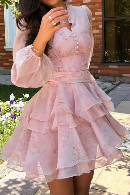 Floral Chiffon Long Sleeve Tiered Mini Dress
