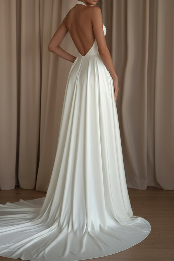 Satin Halter Mini Wedding Dress with Train
