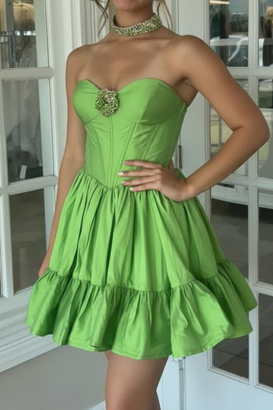 Strapless Corset Taffeta Mini Dress with Ruffled Skirt